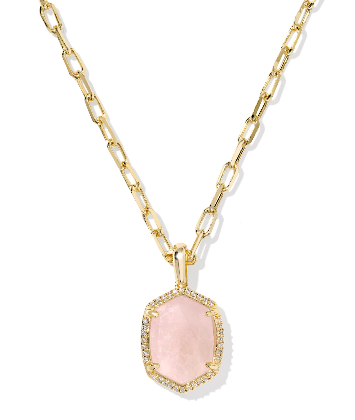 DAPHNE PAVE FRAME SHORT PENDANT NECKLACE GOLD ROSE QUARTZ
