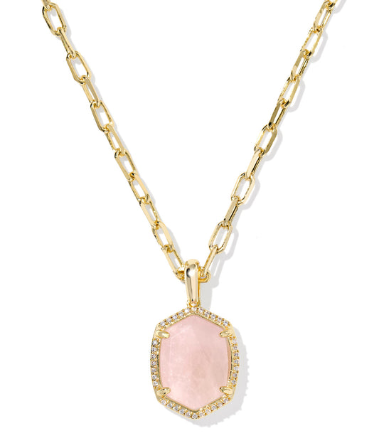 DAPHNE PAVE FRAME SHORT PENDANT NECKLACE GOLD ROSE QUARTZ