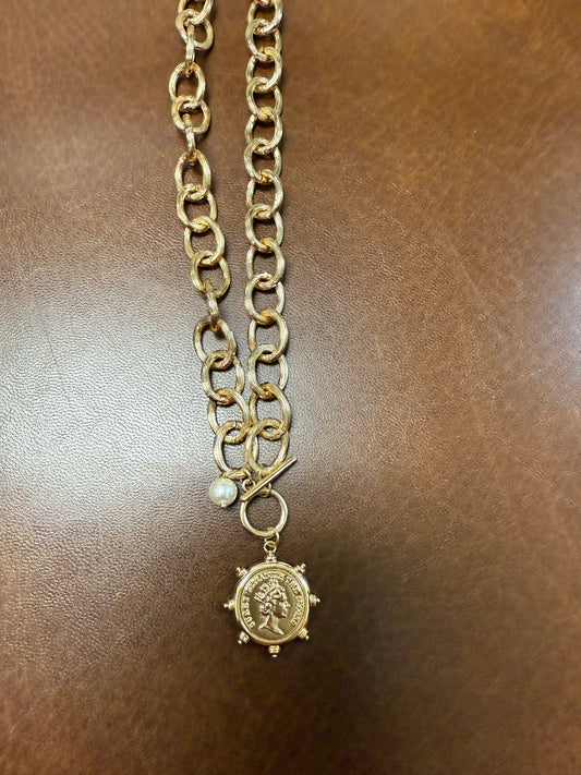 Coin Necklace with Pearl Charm