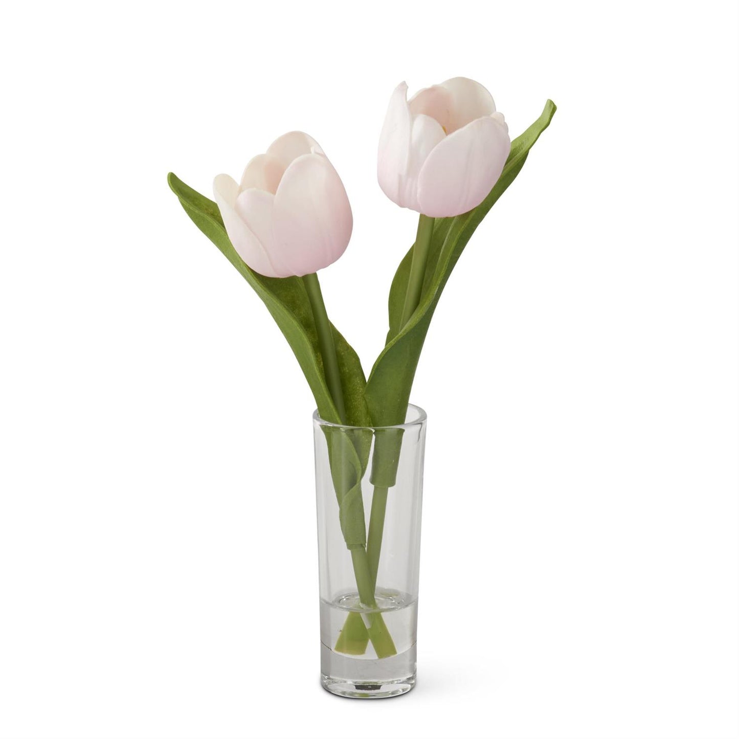 8.5 INCH PINK REAL TOUCH DOUBLE TULIP PREMADE IN GLASS VASE W/FAUX WAT