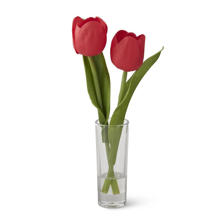 8.5 INCH RED REAL TOUCH DOUBLE TULIP PREMADE IN GLASS VASE W/FAUX WAT