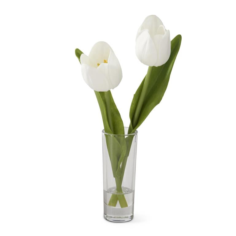8.5 INCH WHITE REAL TOUCH DOUBLE TULIP PREMADE IN GLASS VASE W/FAUX WAT