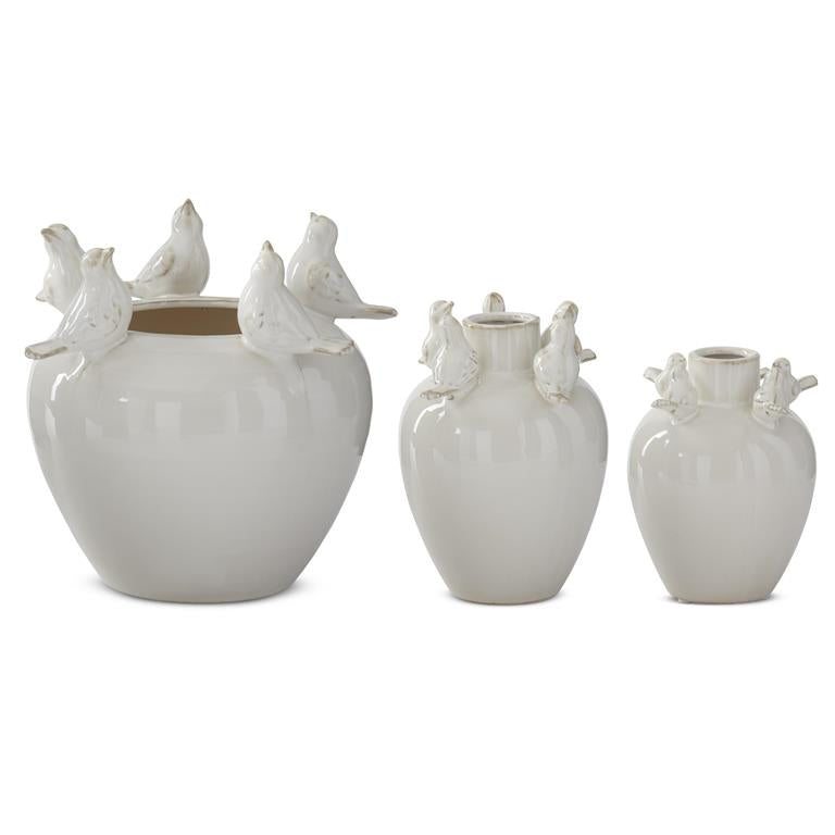 CREAM CERAMIC BIRD RIM VASE