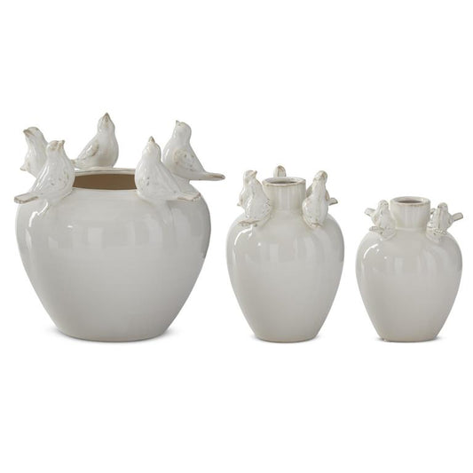 CREAM CERAMIC BIRD RIM VASE