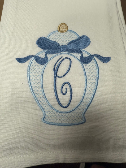 Blue/White Ginger Jar with Bow Initial Tea Towel
