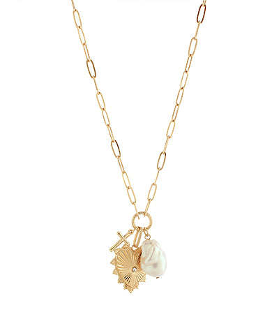Heart Cross Pearl Charm Necklace