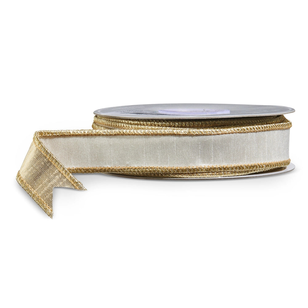 1" X 10 Yds White and Gold Wired Ribbon