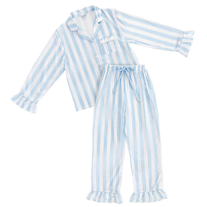 Full-Length Ruffle PJ Set With Velvet Tie - White + Spa Blue Cabana Stripe