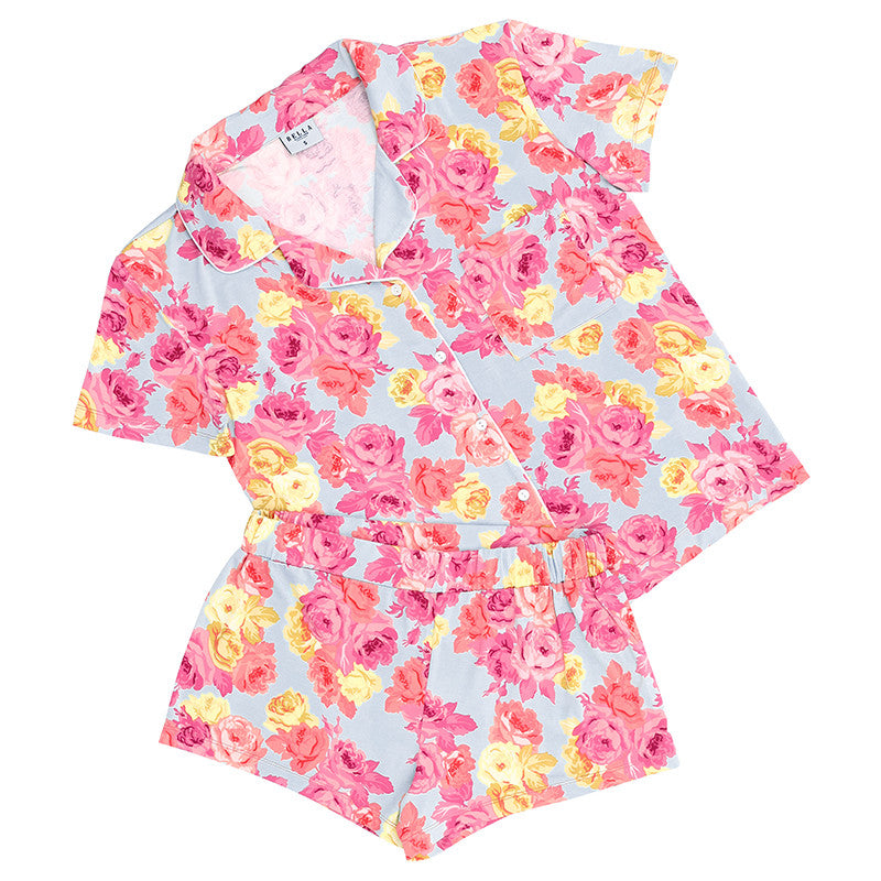 Bamboo Short Sleeve Top + Square Short PJ Set - Blue + Rose Floral