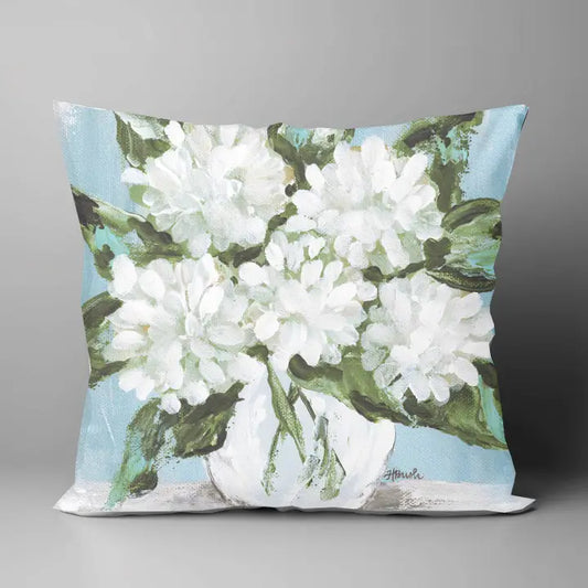 White Hydrangeas Blue Pillow