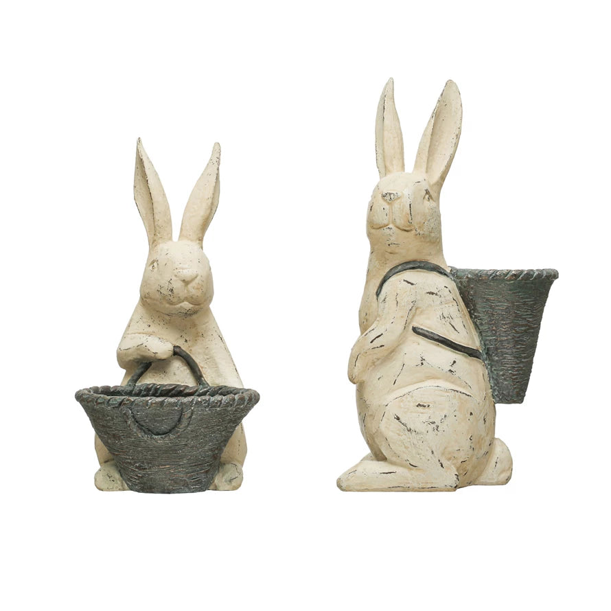 Resin Rabbit w/ Basket, Distressed Finish, Antique White & Grey