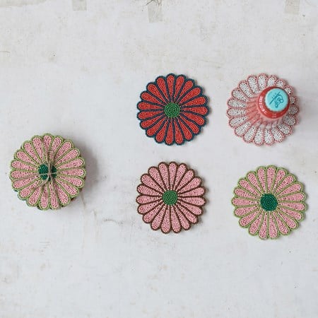 Glass Beaded Flower Shaped Coasters, Set of 4