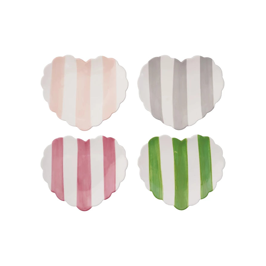 Hand-Painted Stoneware Striped Heart Shaped Dish,