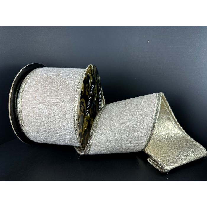 4" x 5 YD Wired Taupe Leaf Velvet - Champagne Metallic Back-Puffy Edge