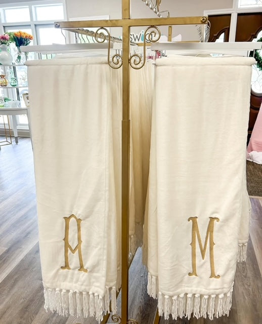 Ivory Laura Fleece Initial Throw