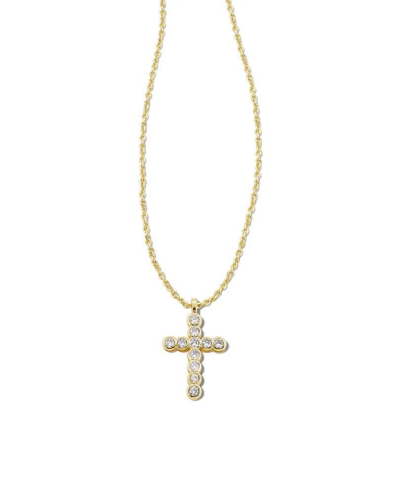 Boxed Cross Crystal Pendent Necklace Gold CZ