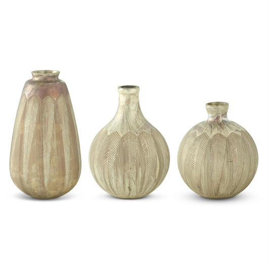Set of 3 Feather Etched Tarnished Champagne Painted Vases