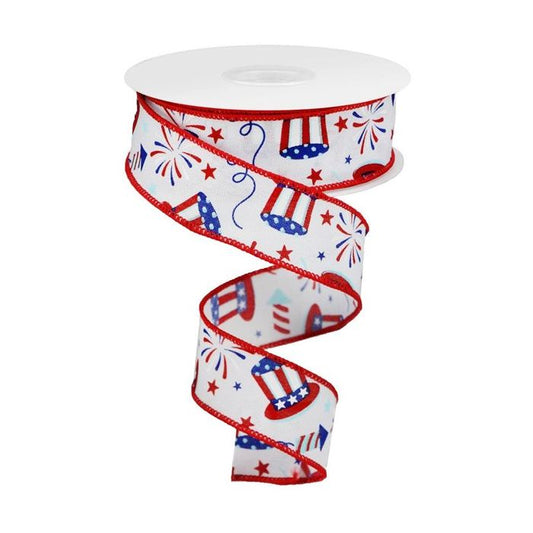 1.5" X 10yd Wired Uncle Sam / Fireworks / Royal Ribbon - White / Red / Blue
