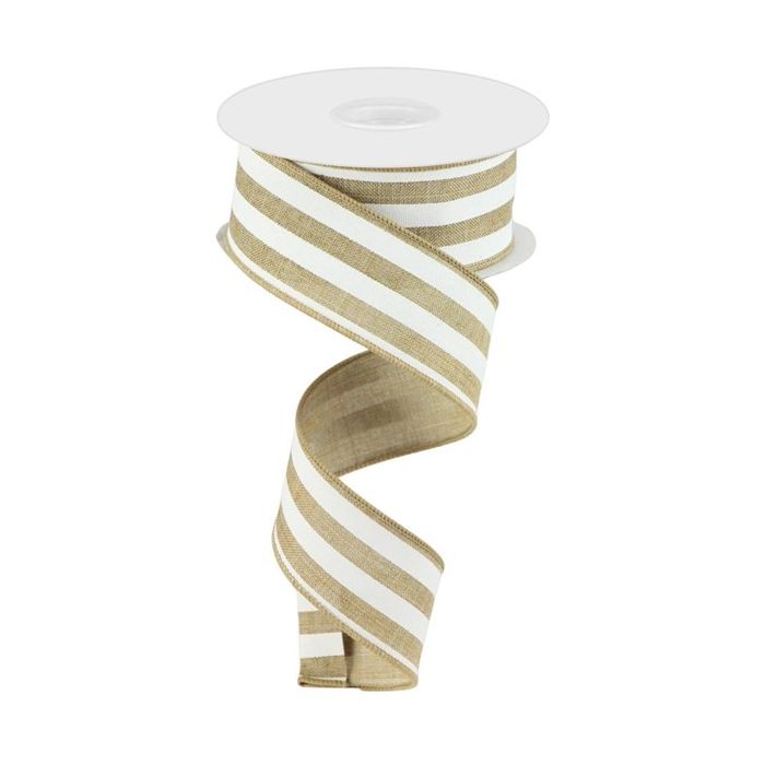 1.5" X 10yd Wired Vertical Stripe Ribbon - Beige/White