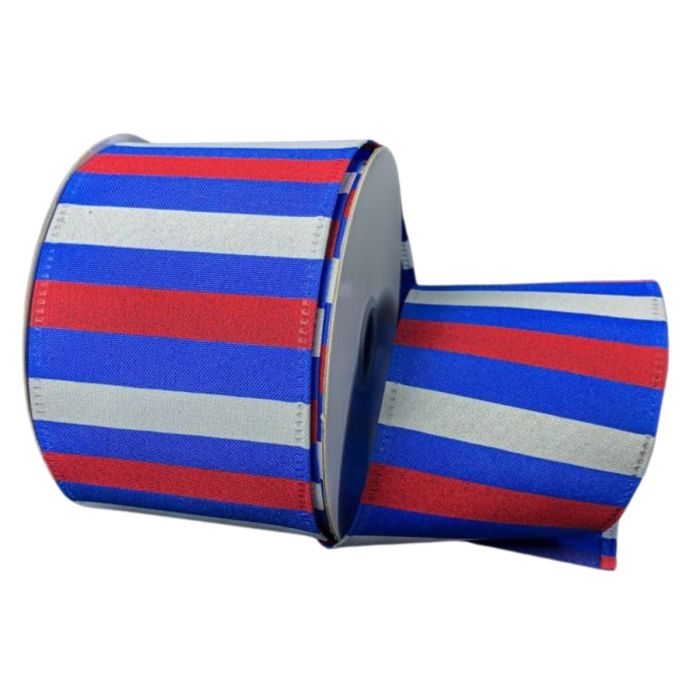 2.5" X 10yd Wired Satin Horizontal Stripes Ribbon - Royal Blue / Red / White