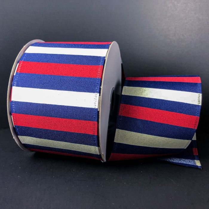 2.5" X 10yd Wired Satin Horizontal Stripes Ribbon - Navy/ Red / White