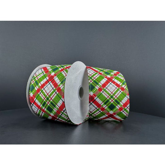 2.5" x 10 YD Wired Diagonal Printed Plaid - White/Lime/Moss/Red/Gold