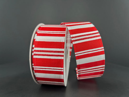 1.5" x 10 YD Wired Glittered Horizontal Stripes - Red/White