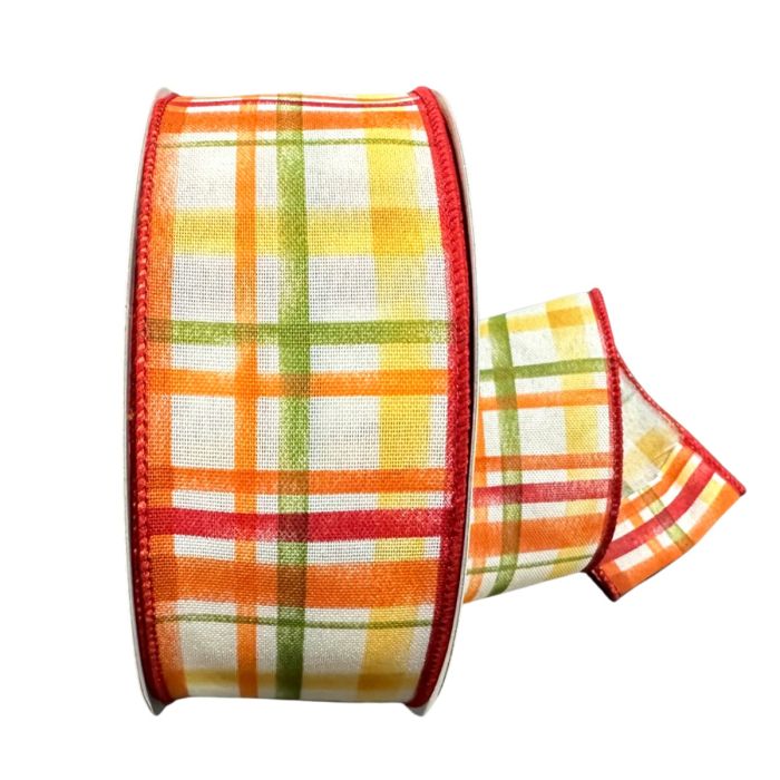 2.5" X 50 Yd Wired Tuttola Plaid Linen Ribbon - Burg-Rust-Yellow-Moss
