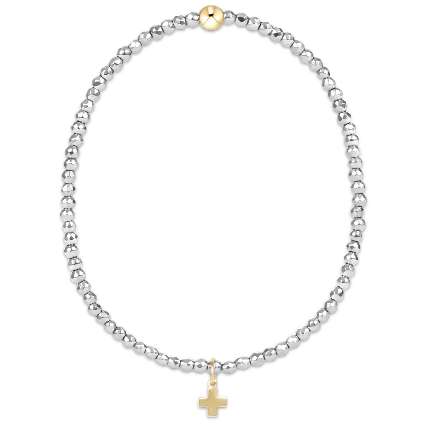 extends silver faceted hematite 2mm bead bracelet - signature cross gold charm