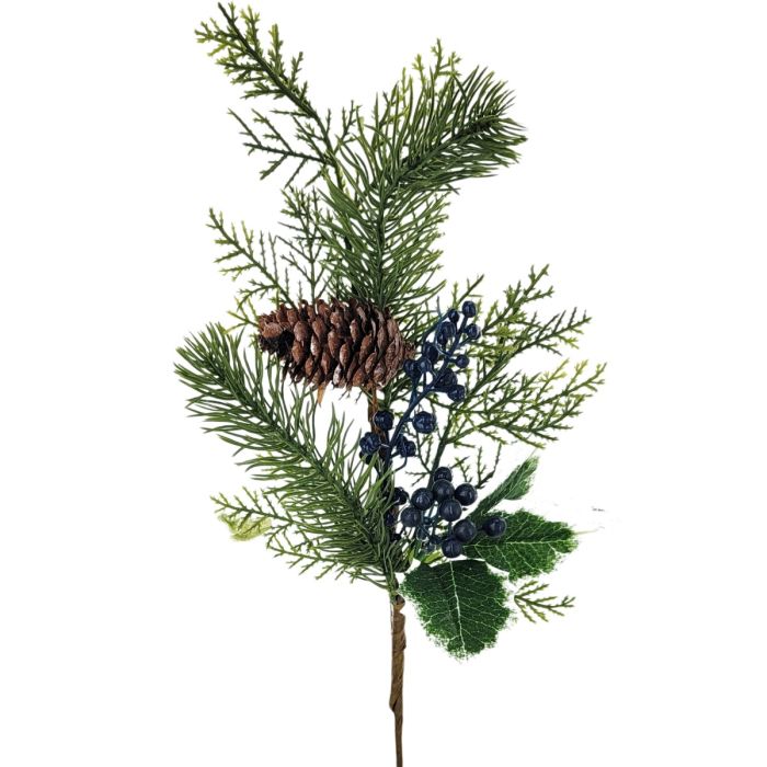 15" Pick W/Pe Berry & Pine & Cedar,Pine Cone,Holly Lvs-Green