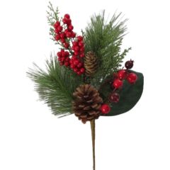 15" Pick W/Berry ,Cedar,Pinecone,Pine,Real Touch Mangolia Lvs-Red