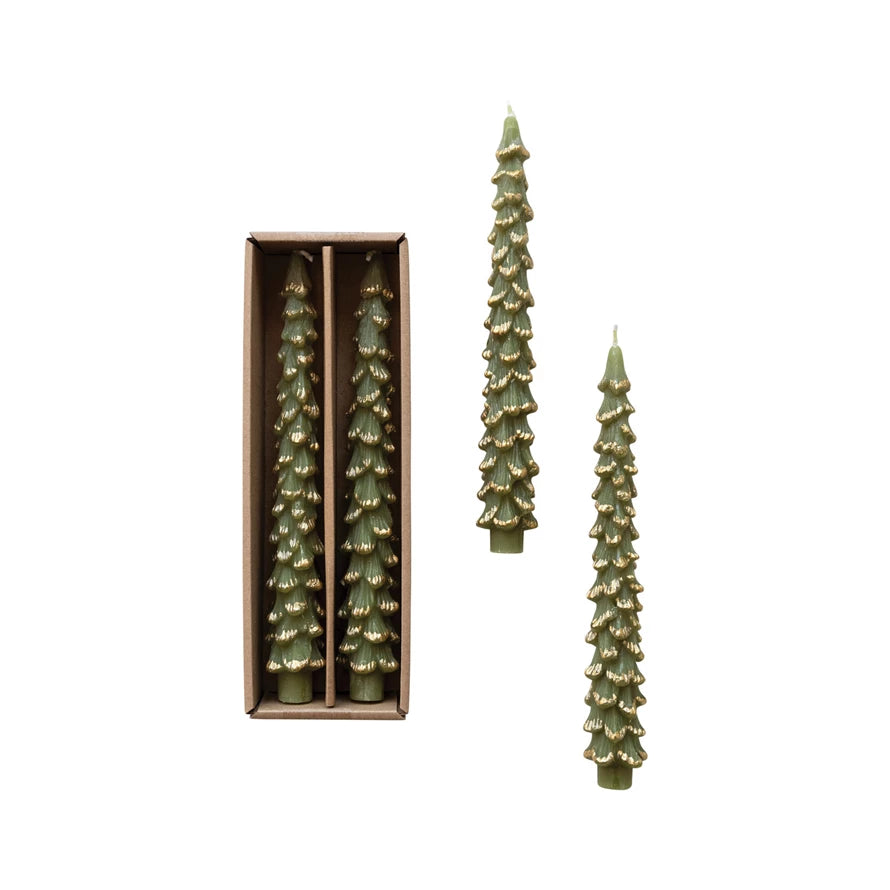 Unscented Tree Shaped Taper Candes in Box, Cedar Green Color, Set of 2