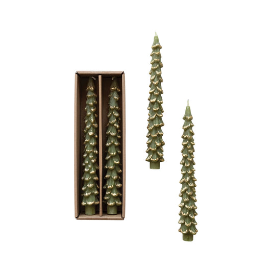 Unscented Tree Shaped Taper Candes in Box, Cedar Green Color, Set of 2